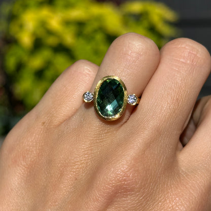 18KT Yellow Gold-Plated Oval Green Stone + Round White Stone Ring