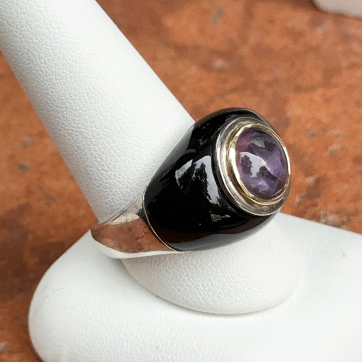 Estate Sterling Silver + 18KT Yellow Gold Amethyst + Onyx Dome Ring