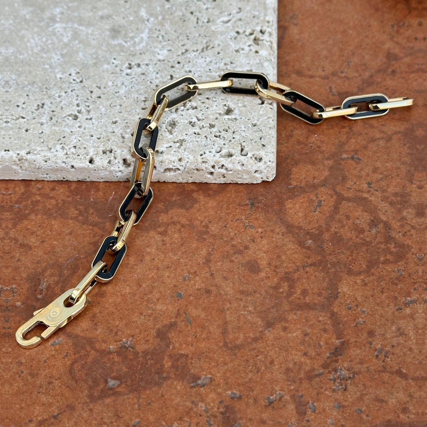 14KT Yellow Gold Black Onyx Inlayed Paper Clip Chain Bracelet