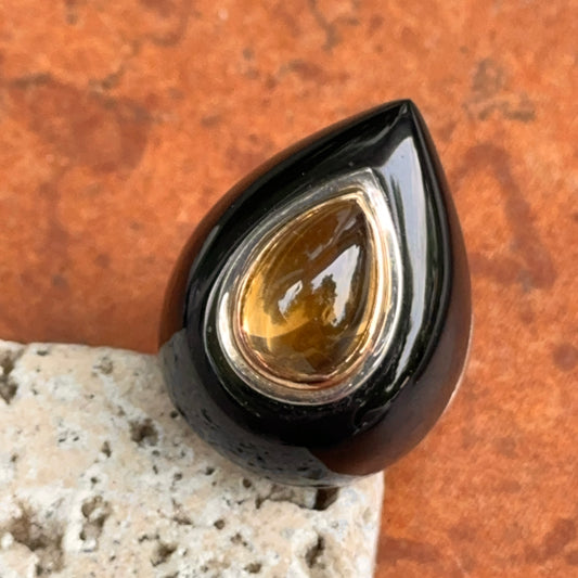 Estate Sterling Silver + 18KT Yellow Gold Pear Citrine + Onyx Dome Ring