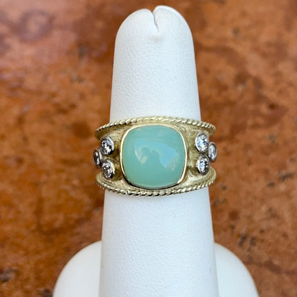 Estate 14KT Yellow Gold Byzantine Cabochon Aquamarine + Diamond Ring