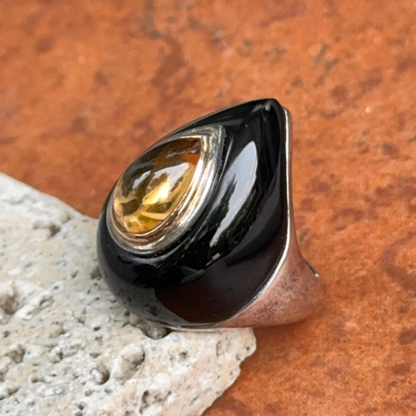 Estate Sterling Silver + 18KT Yellow Gold Pear Citrine + Onyx Dome Ring