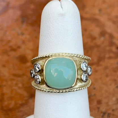 Estate 14KT Yellow Gold Byzantine Cabochon Aquamarine + Diamond Ring