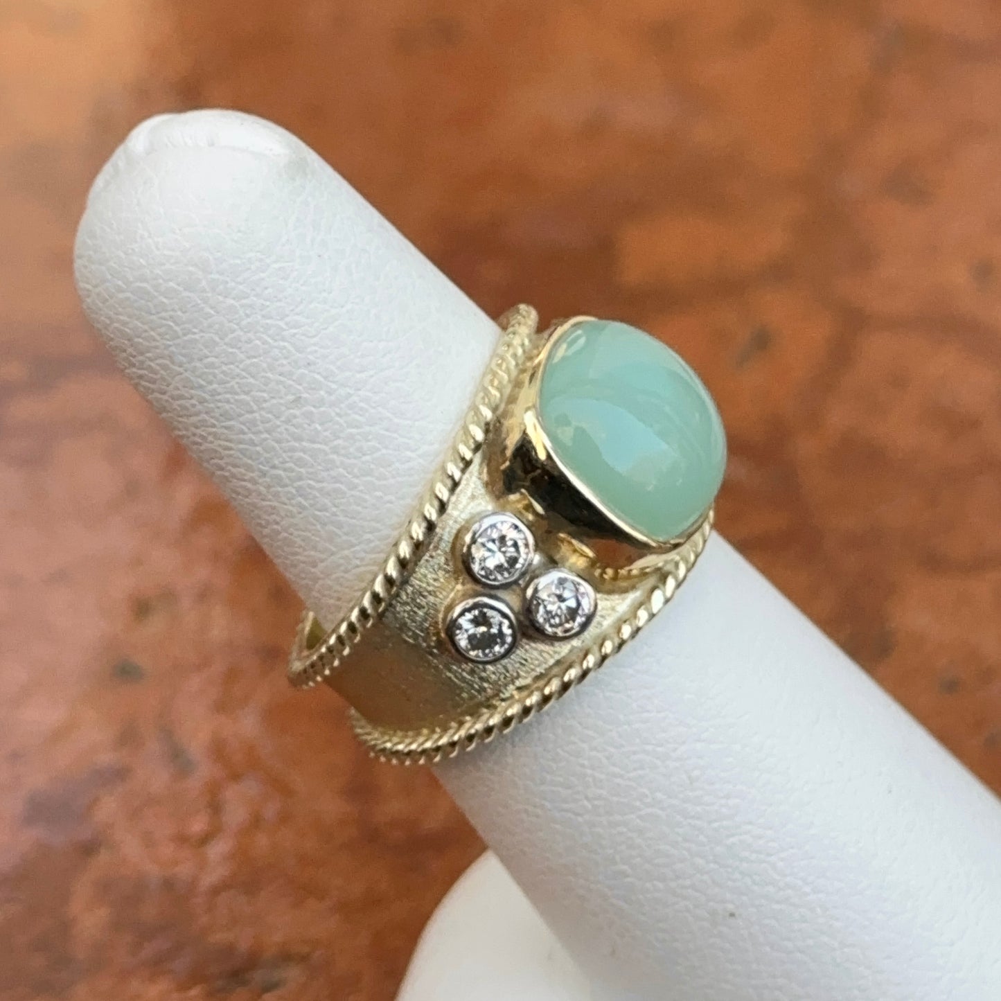 Estate 14KT Yellow Gold Byzantine Cabochon Aquamarine + Diamond Ring