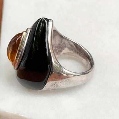 Estate Sterling Silver + 18KT Yellow Gold Pear Citrine + Onyx Dome Ring