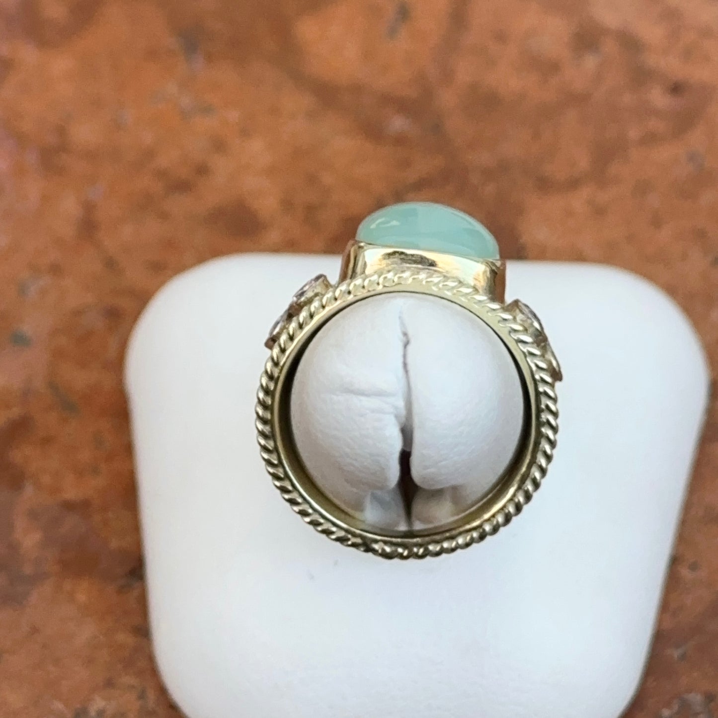 Estate 14KT Yellow Gold Byzantine Cabochon Aquamarine + Diamond Ring