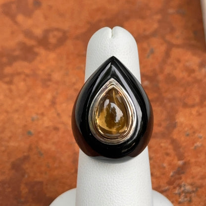Estate Sterling Silver + 18KT Yellow Gold Pear Citrine + Onyx Dome Ring
