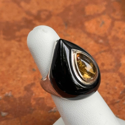 Estate Sterling Silver + 18KT Yellow Gold Pear Citrine + Onyx Dome Ring