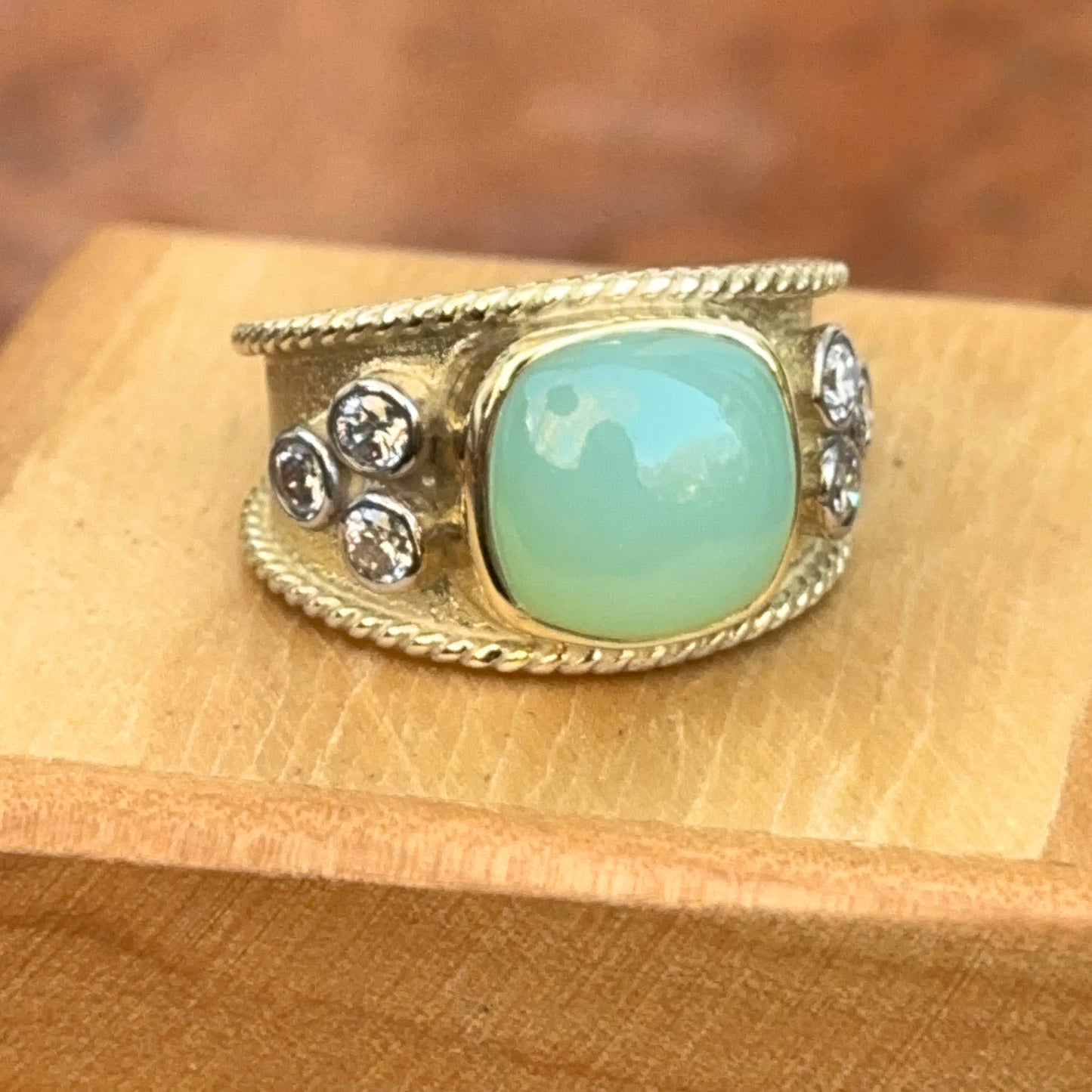 Estate 14KT Yellow Gold Byzantine Cabochon Aquamarine + Diamond Ring