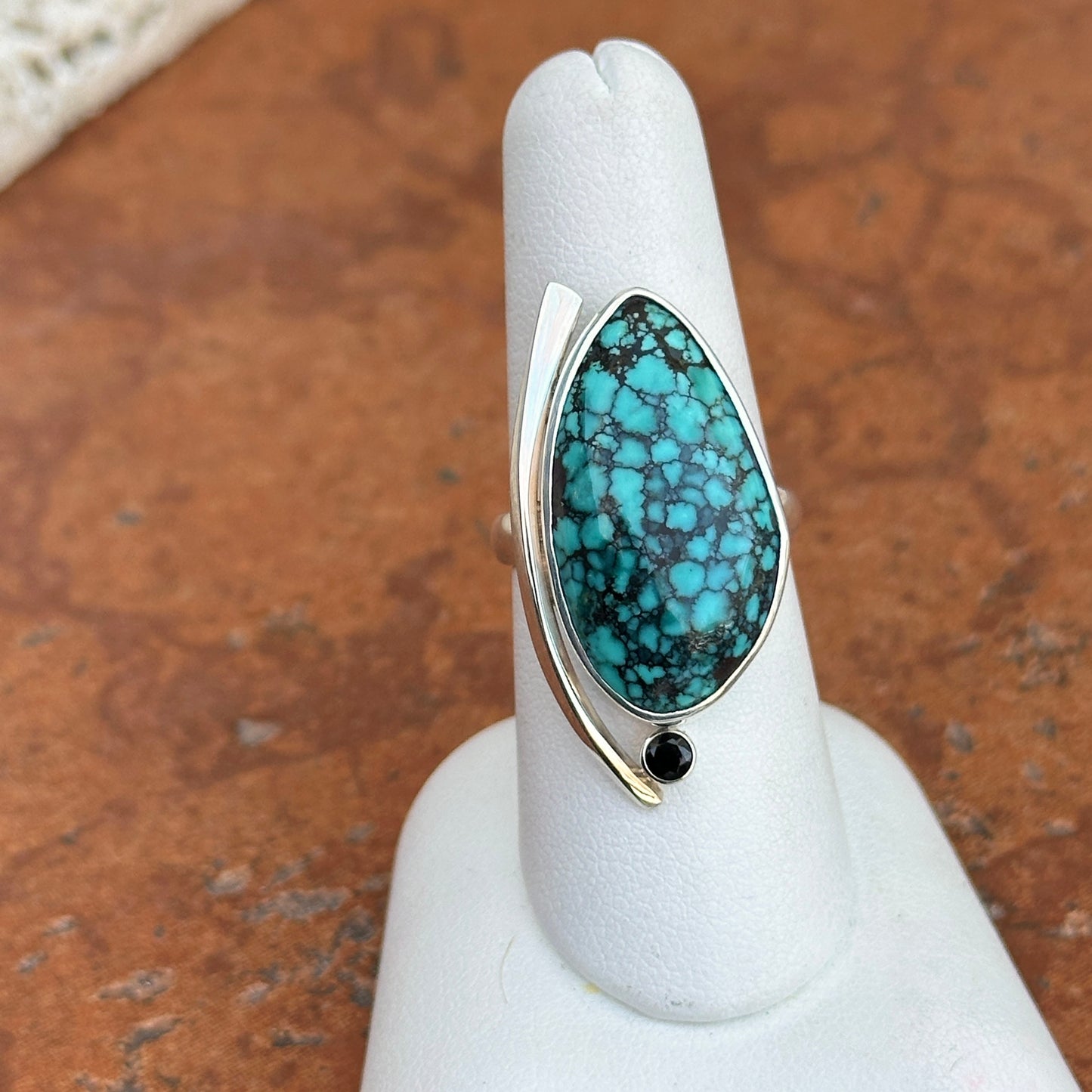 Sterling Silver Irregular Turquoise + Black Diamond Ring