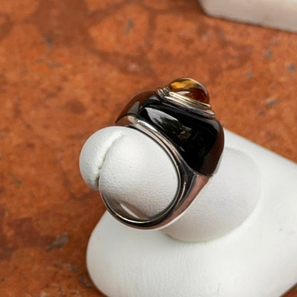 Estate Sterling Silver + 18KT Yellow Gold Pear Citrine + Onyx Dome Ring