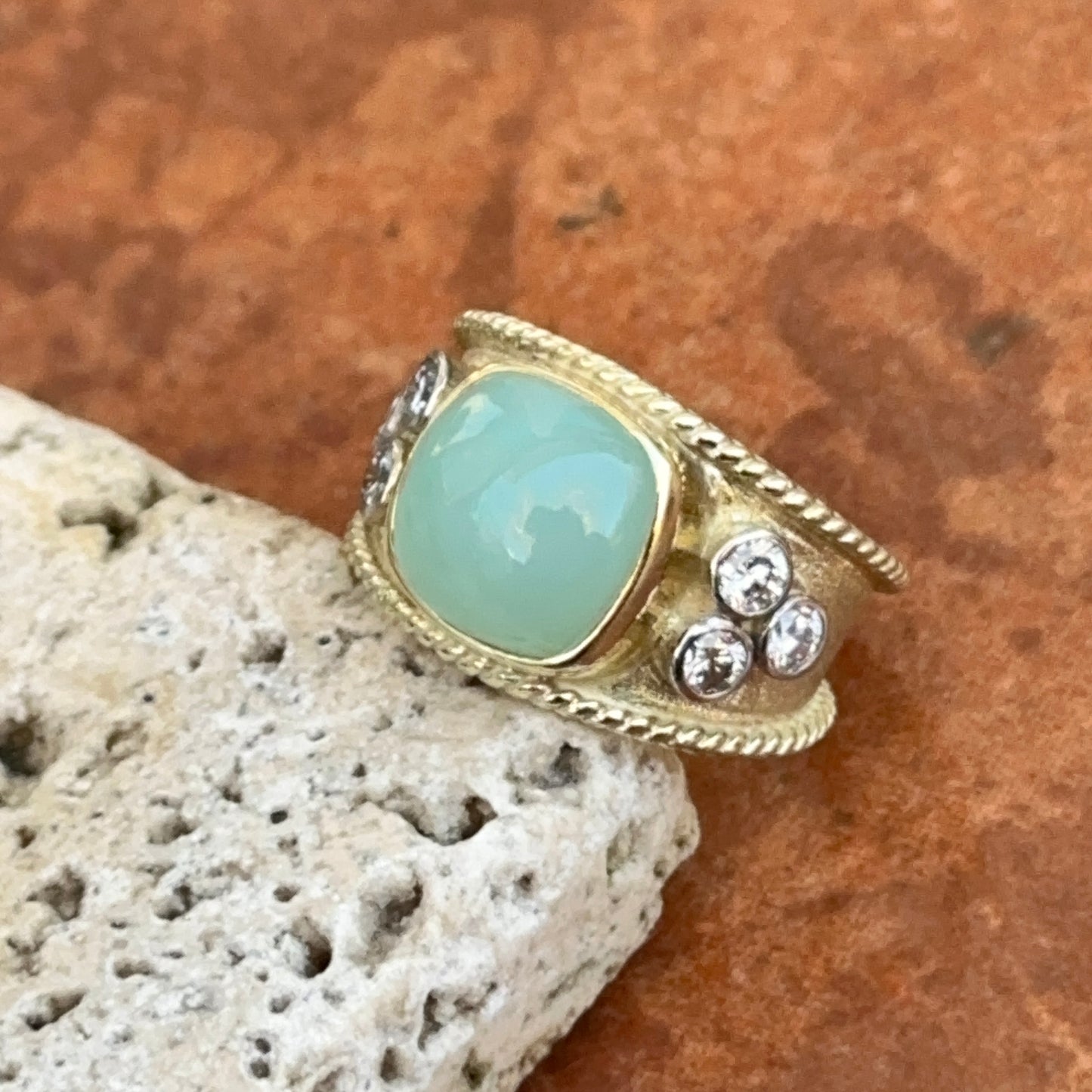 Estate 14KT Yellow Gold Byzantine Cabochon Aquamarine + Diamond Ring