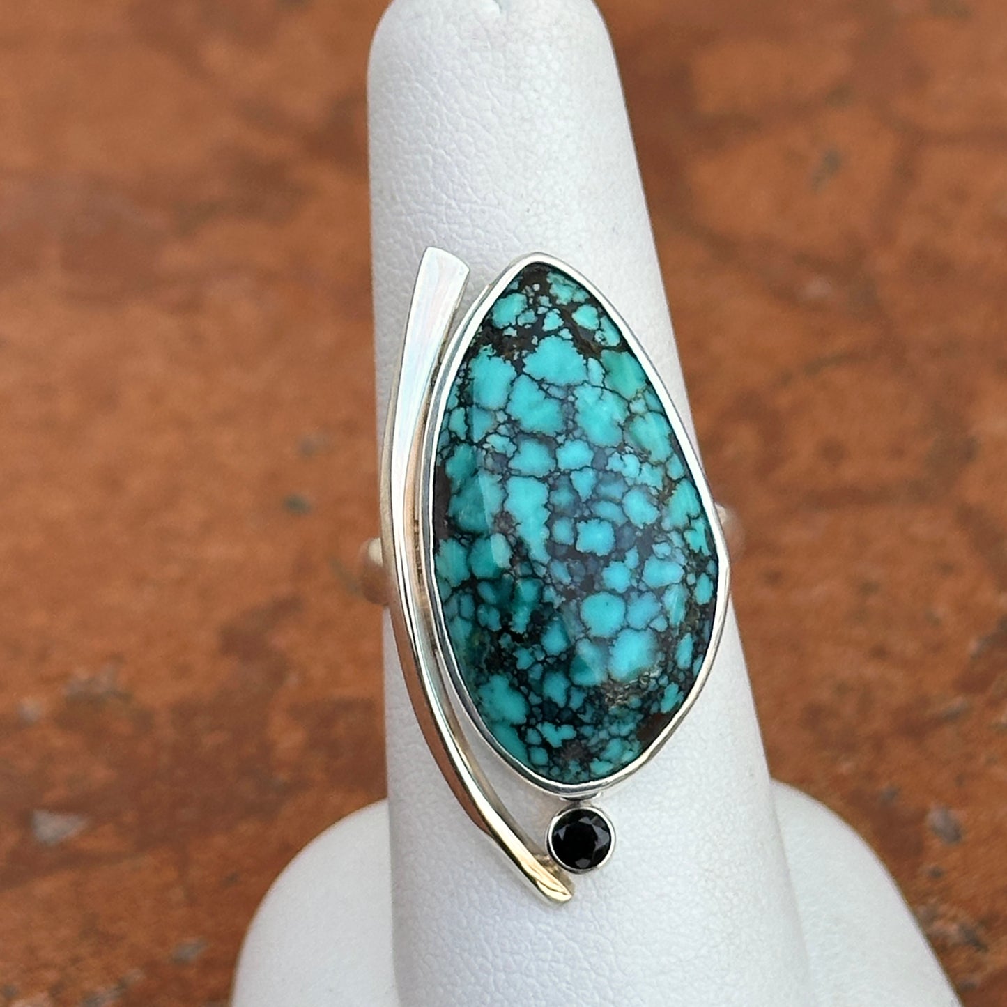 Sterling Silver Irregular Turquoise + Black Diamond Ring