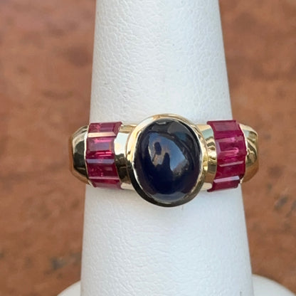 Estate 14KT Yellow Gold Cabochon Blue Sapphire + Ruby Ring