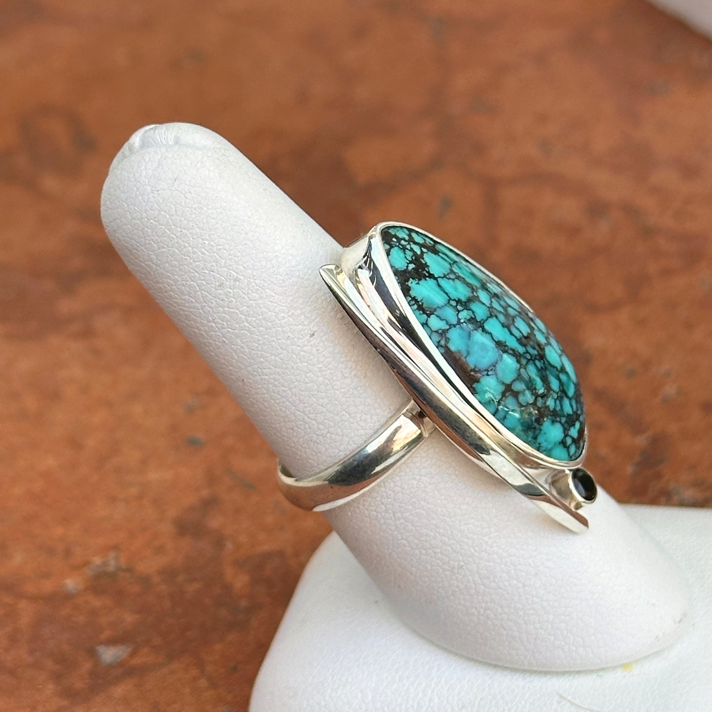 Sterling Silver Irregular Turquoise + Black Diamond Ring