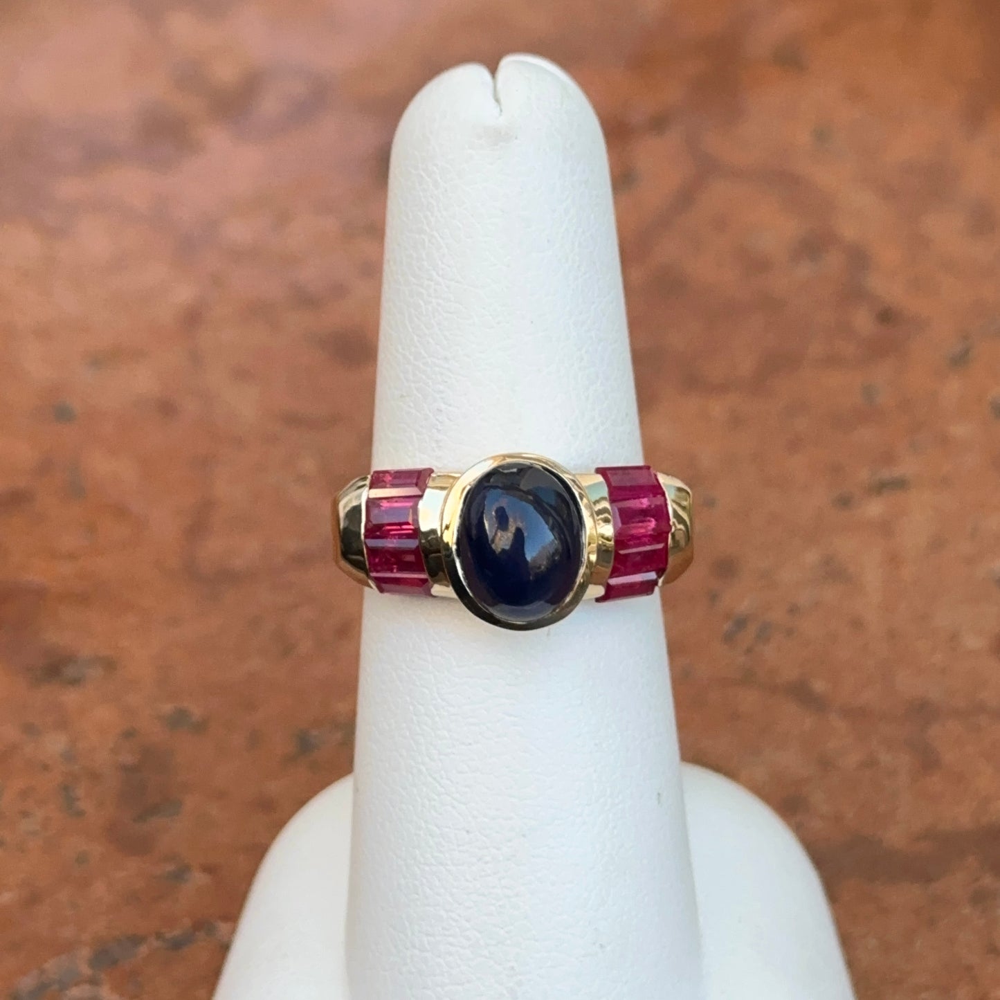 Estate 14KT Yellow Gold Cabochon Blue Sapphire + Ruby Ring