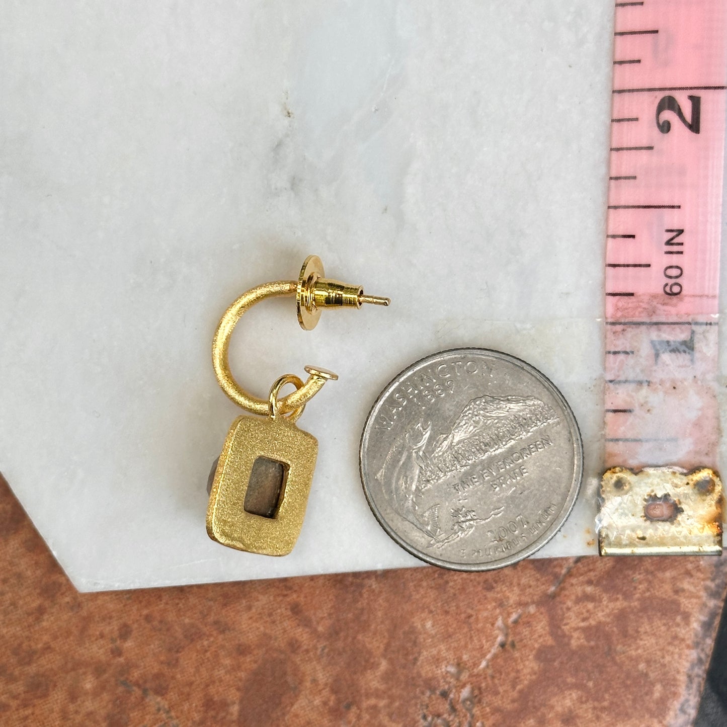 Yellow Gold Tone Hoops + Checkerboard Brown Stone Dangle Earrings