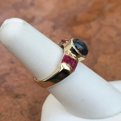 Estate 14KT Yellow Gold Cabochon Blue Sapphire + Ruby Ring