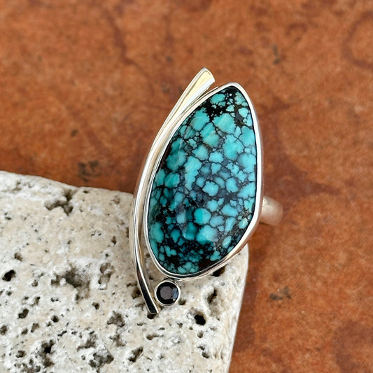 Sterling Silver Irregular Turquoise + Black Diamond Ring