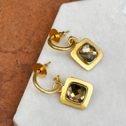 Yellow Gold Tone Hoops + Checkerboard Brown Stone Dangle Earrings