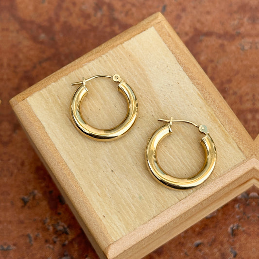 14KT Yellow Gold 3mm Tube Round Hoop Earrings 15mm