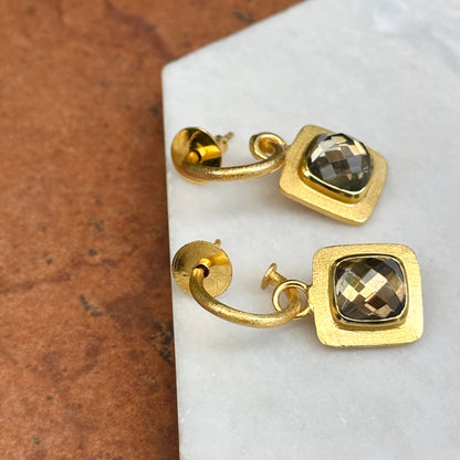 Yellow Gold Tone Hoops + Checkerboard Brown Stone Dangle Earrings