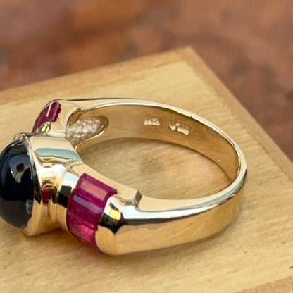 Estate 14KT Yellow Gold Cabochon Blue Sapphire + Ruby Ring