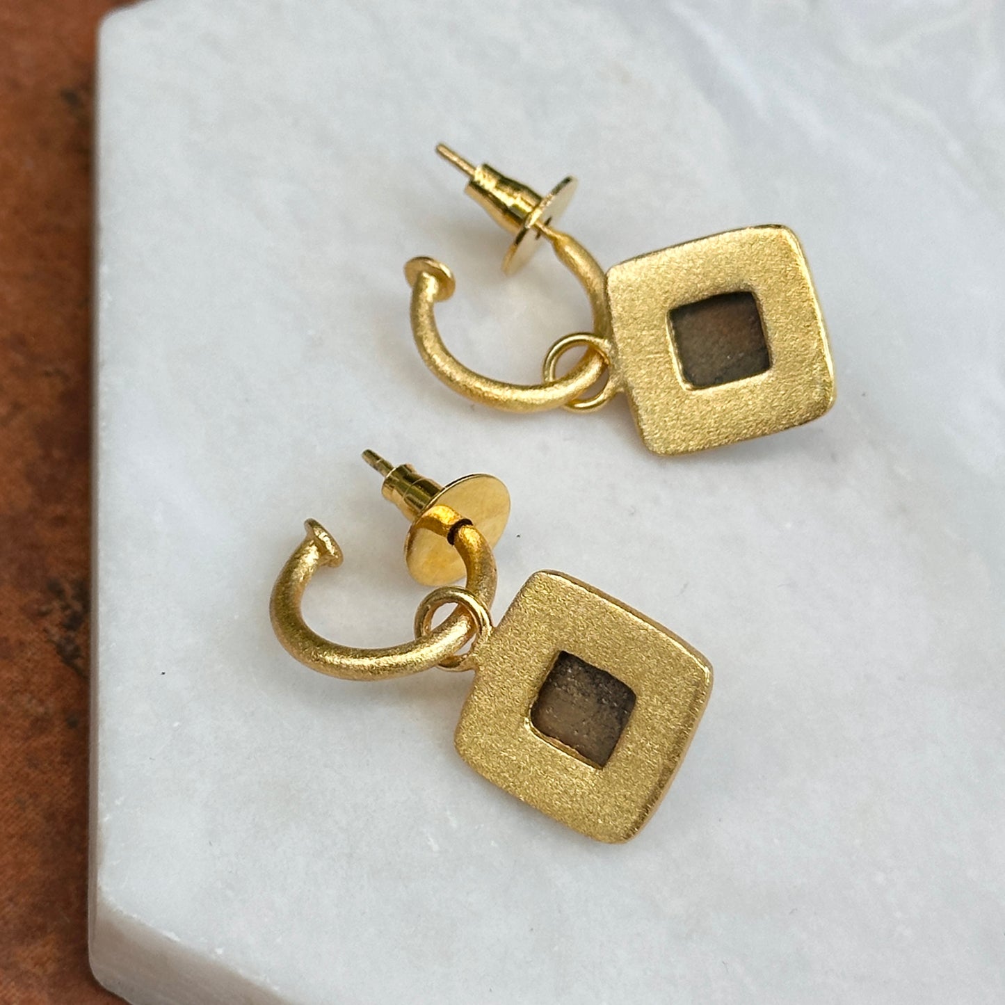 Yellow Gold Tone Hoops + Checkerboard Brown Stone Dangle Earrings