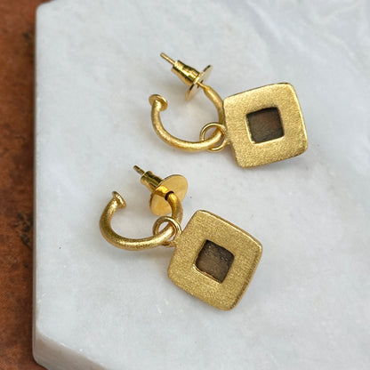 Yellow Gold Tone Hoops + Checkerboard Brown Stone Dangle Earrings