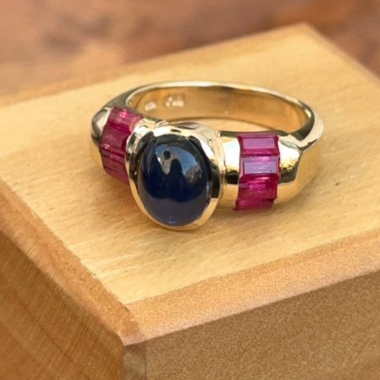 Estate 14KT Yellow Gold Cabochon Blue Sapphire + Ruby Ring