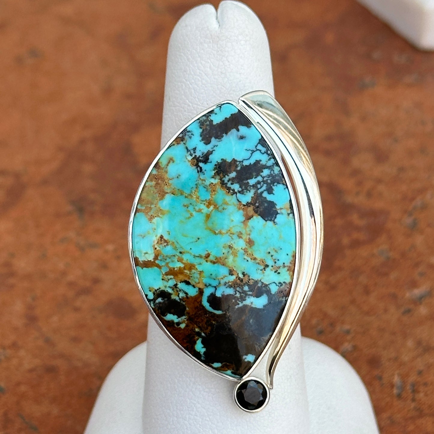 Sterling Silver Irregular Turquoise + Black Diamond Ring
