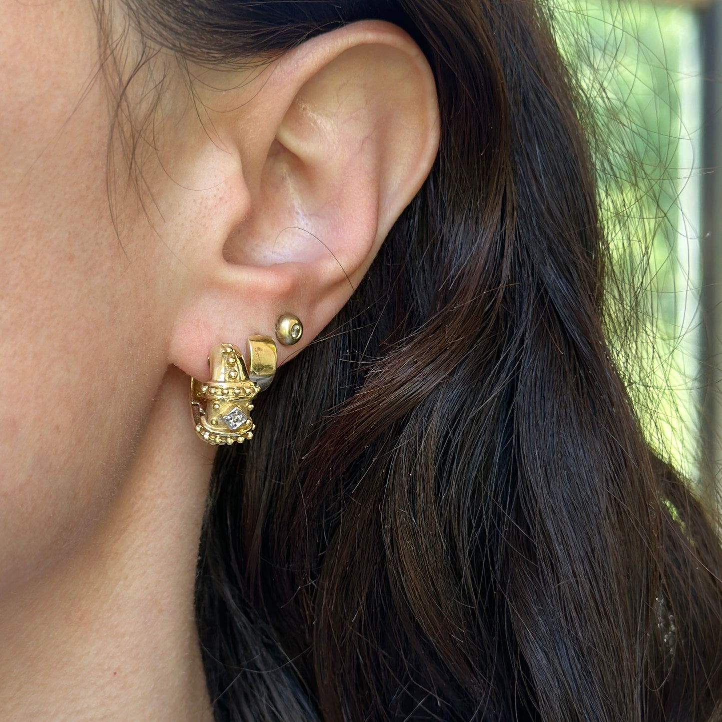 Estate 14KT Yellow Gold Beaded Diamond Huggie Hoop Earrings