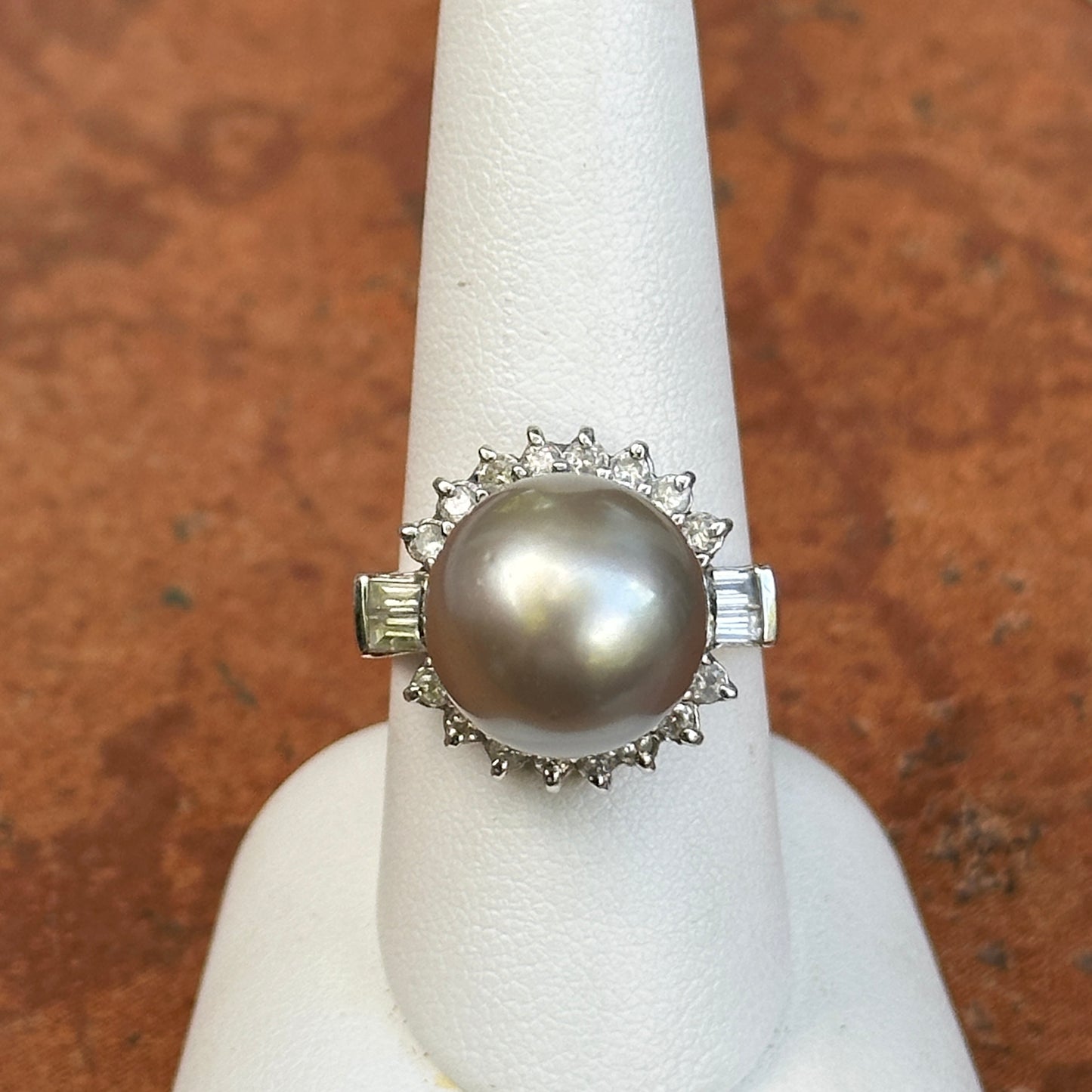 Estate 14KT White Gold Diamond + Genuine Tahitian South Sea Pearl Cluster Ring - LSJ