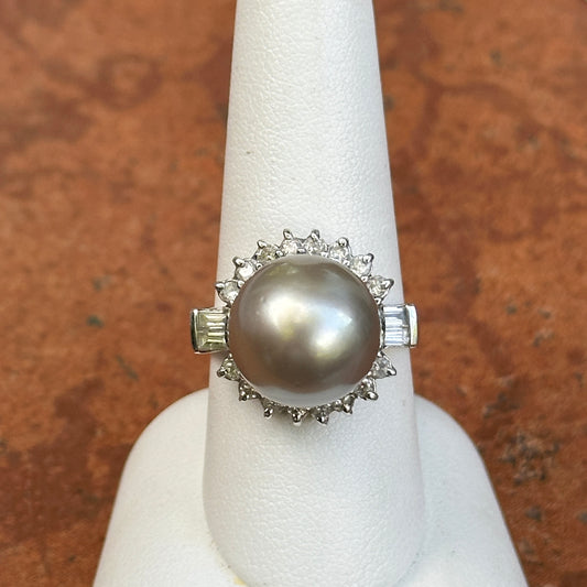 Estate 14KT White Gold Diamond + Genuine Tahitian South Sea Pearl Cluster Ring - LSJ