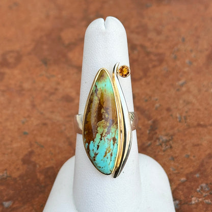 18KT Yellow Gold + Sterling Silver Irregular Turquoise + Citrine Ring
