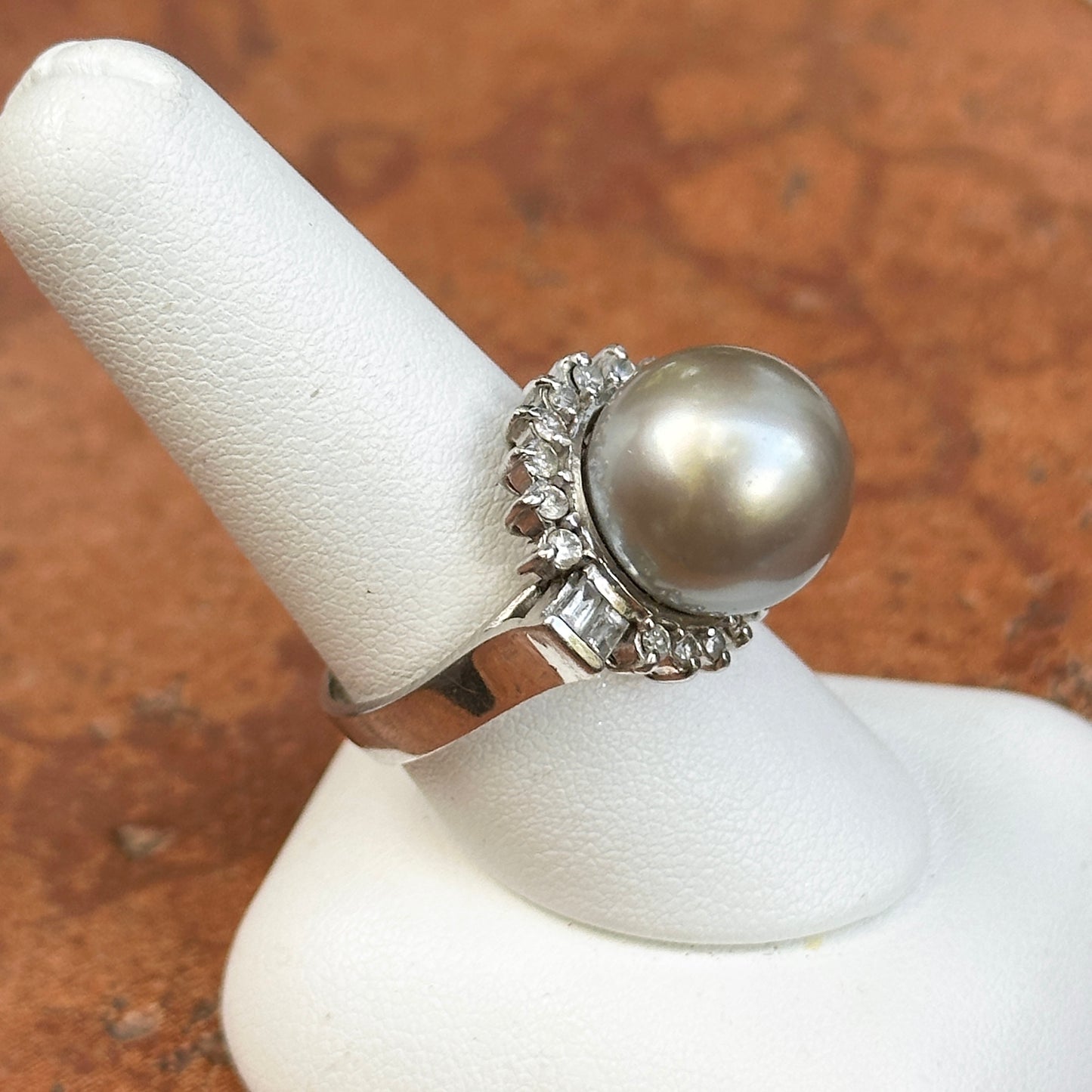 Estate 14KT White Gold Diamond + Genuine Tahitian South Sea Pearl Cluster Ring - LSJ