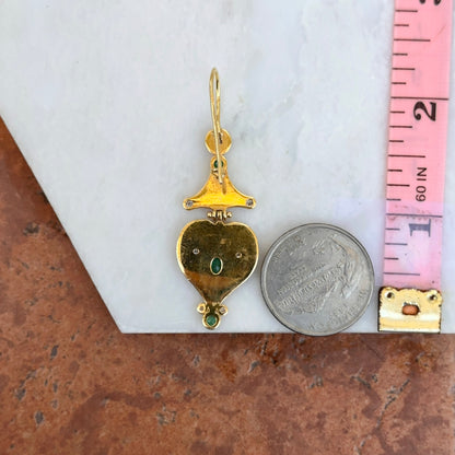 Estate 18KT Yellow Gold Byzantine Emerald + Diamond Dangle Earrings