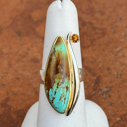 18KT Yellow Gold + Sterling Silver Irregular Turquoise + Citrine Ring