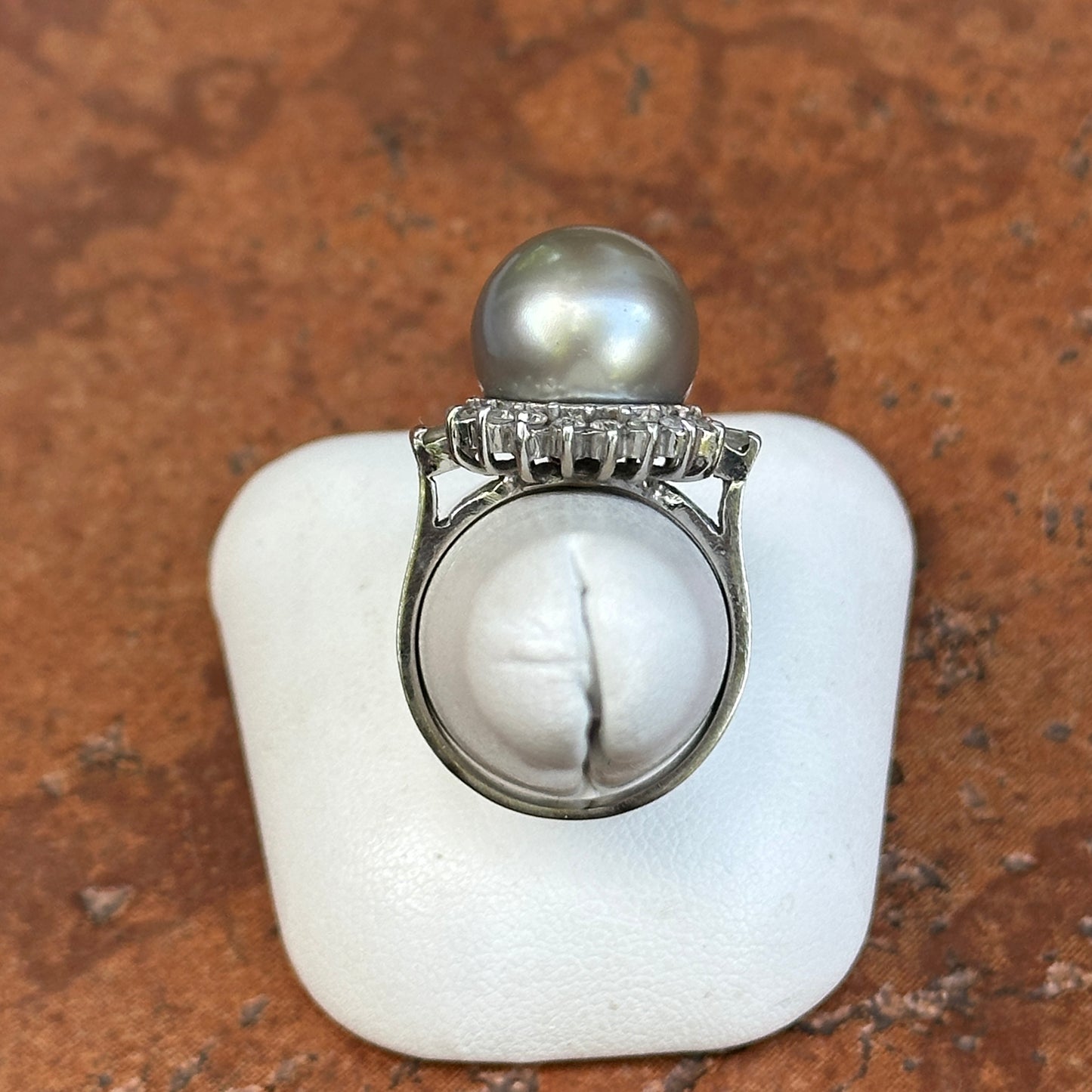 Estate 14KT White Gold Diamond + Genuine Tahitian South Sea Pearl Cluster Ring - LSJ