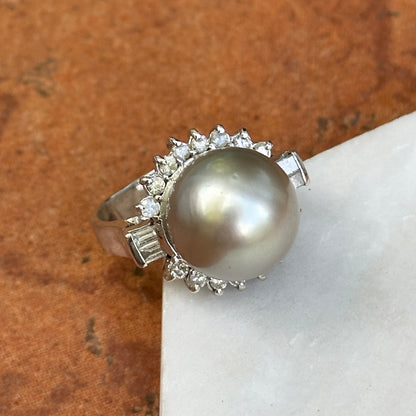 Estate 14KT White Gold Diamond + Genuine Tahitian South Sea Pearl Cluster Ring - LSJ