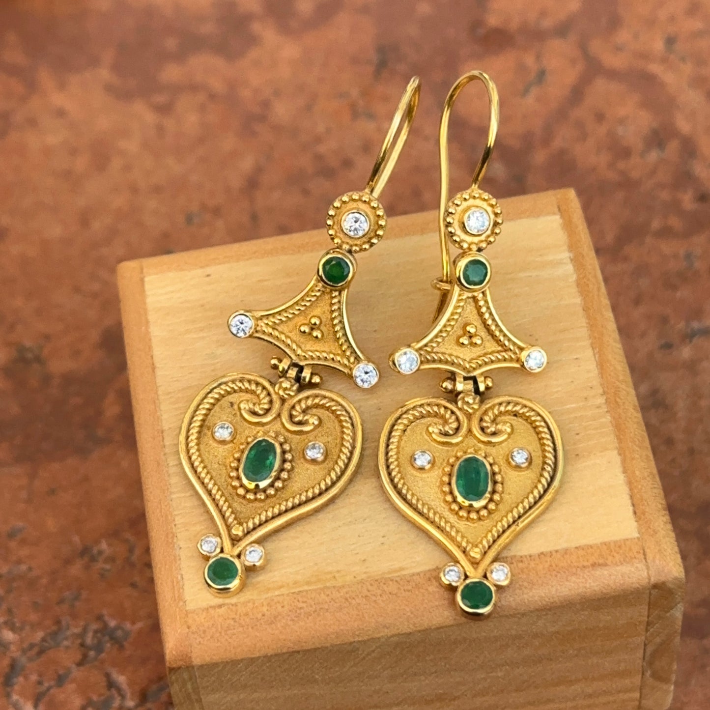 Estate 18KT Yellow Gold Byzantine Emerald + Diamond Dangle Earrings