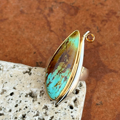 18KT Yellow Gold + Sterling Silver Irregular Turquoise + Citrine Ring