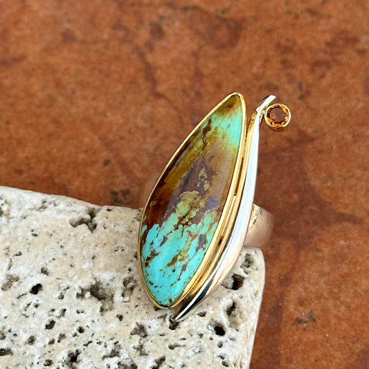 18KT Yellow Gold + Sterling Silver Irregular Turquoise + Citrine Ring