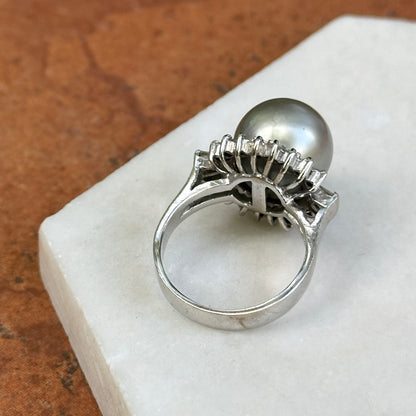 Estate 14KT White Gold Diamond + Genuine Tahitian South Sea Pearl Cluster Ring - LSJ