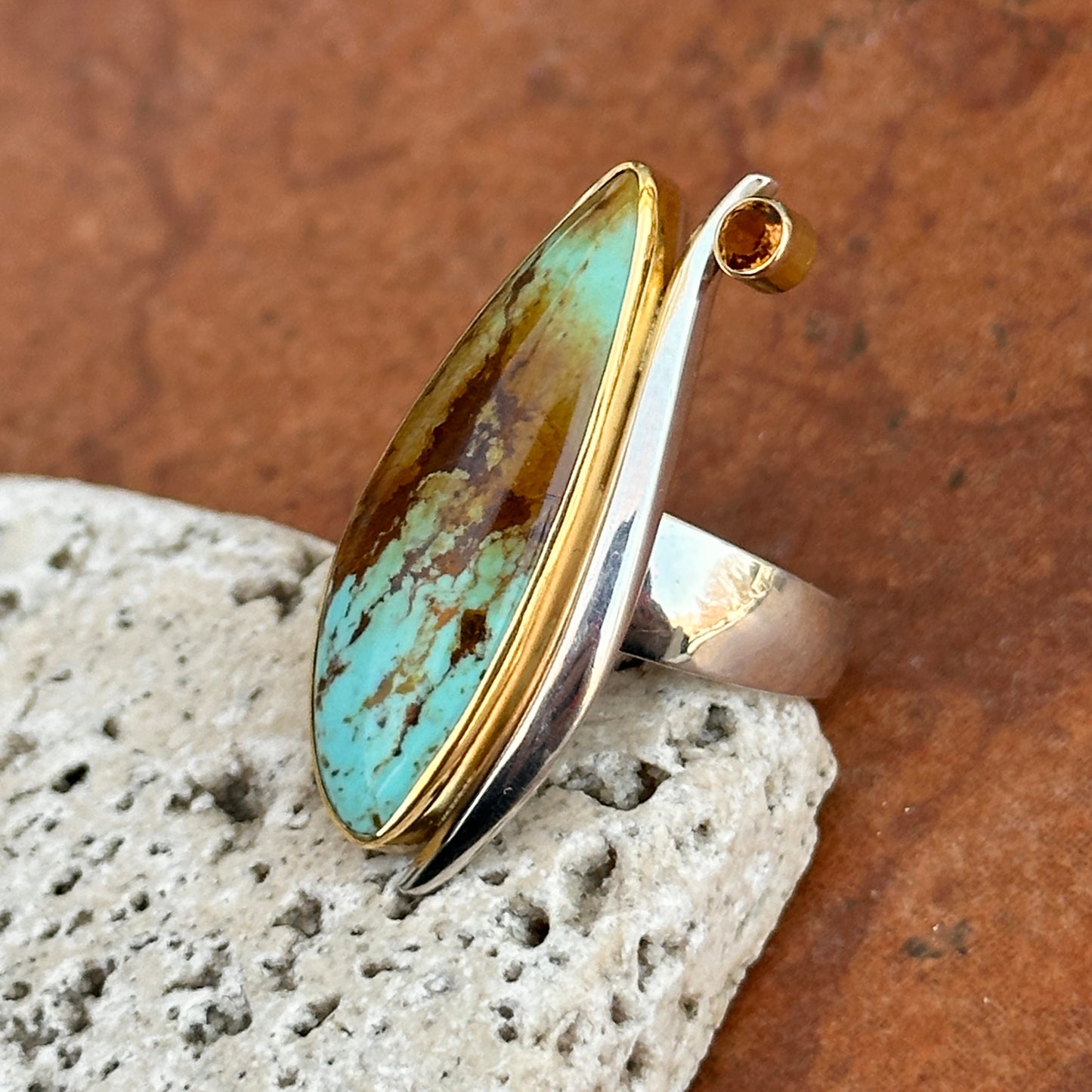 18KT Yellow Gold + Sterling Silver Irregular Turquoise + Citrine Ring