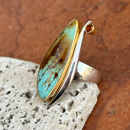 18KT Yellow Gold + Sterling Silver Irregular Turquoise + Citrine Ring