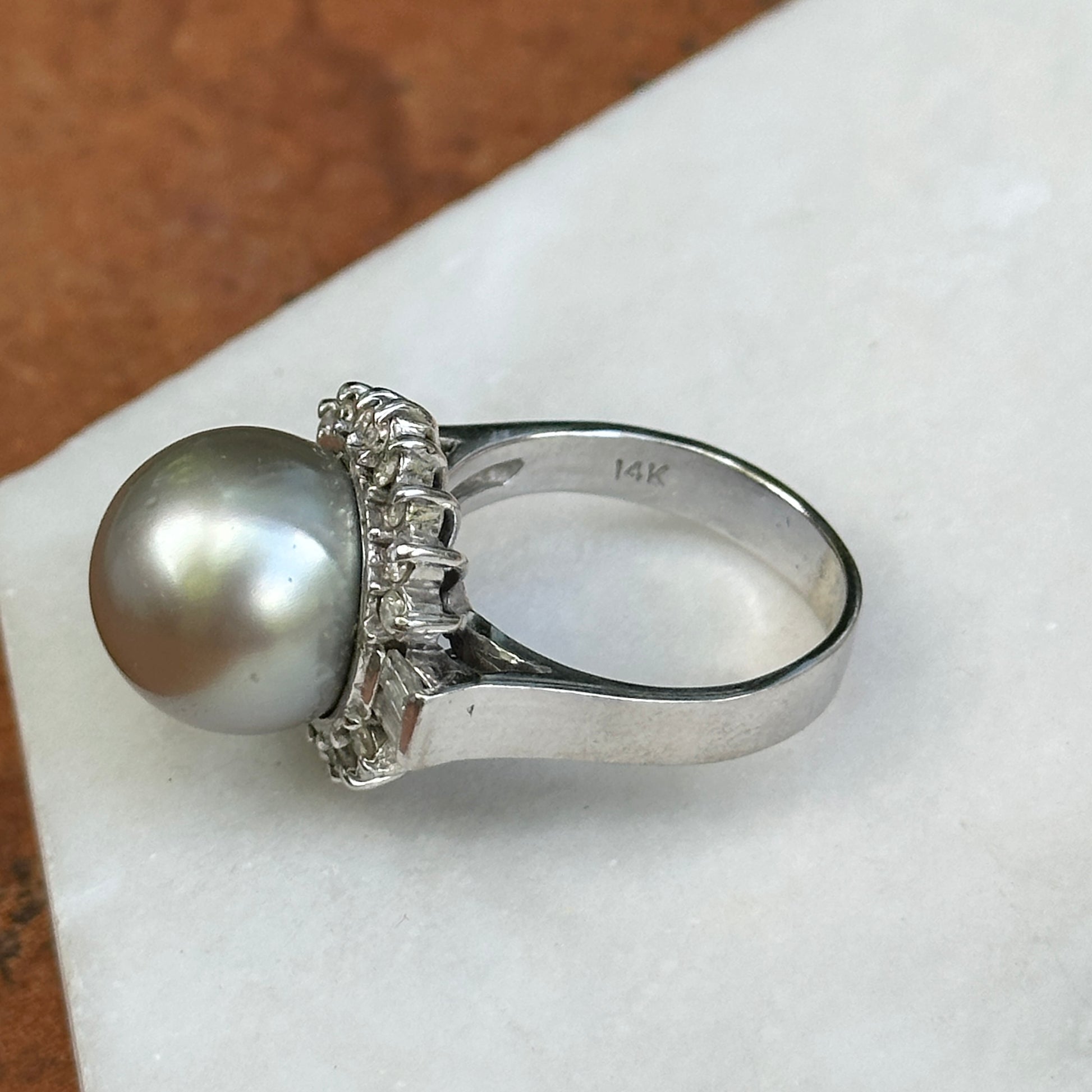Estate 14KT White Gold Diamond + Genuine Tahitian South Sea Pearl Cluster Ring - LSJ