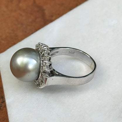 Estate 14KT White Gold Diamond + Genuine Tahitian South Sea Pearl Cluster Ring - LSJ