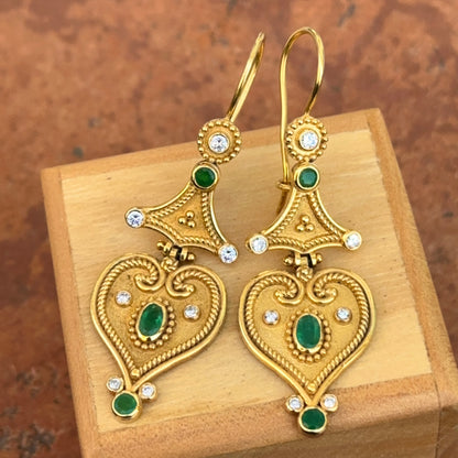 Estate 18KT Yellow Gold Byzantine Emerald + Diamond Dangle Earrings