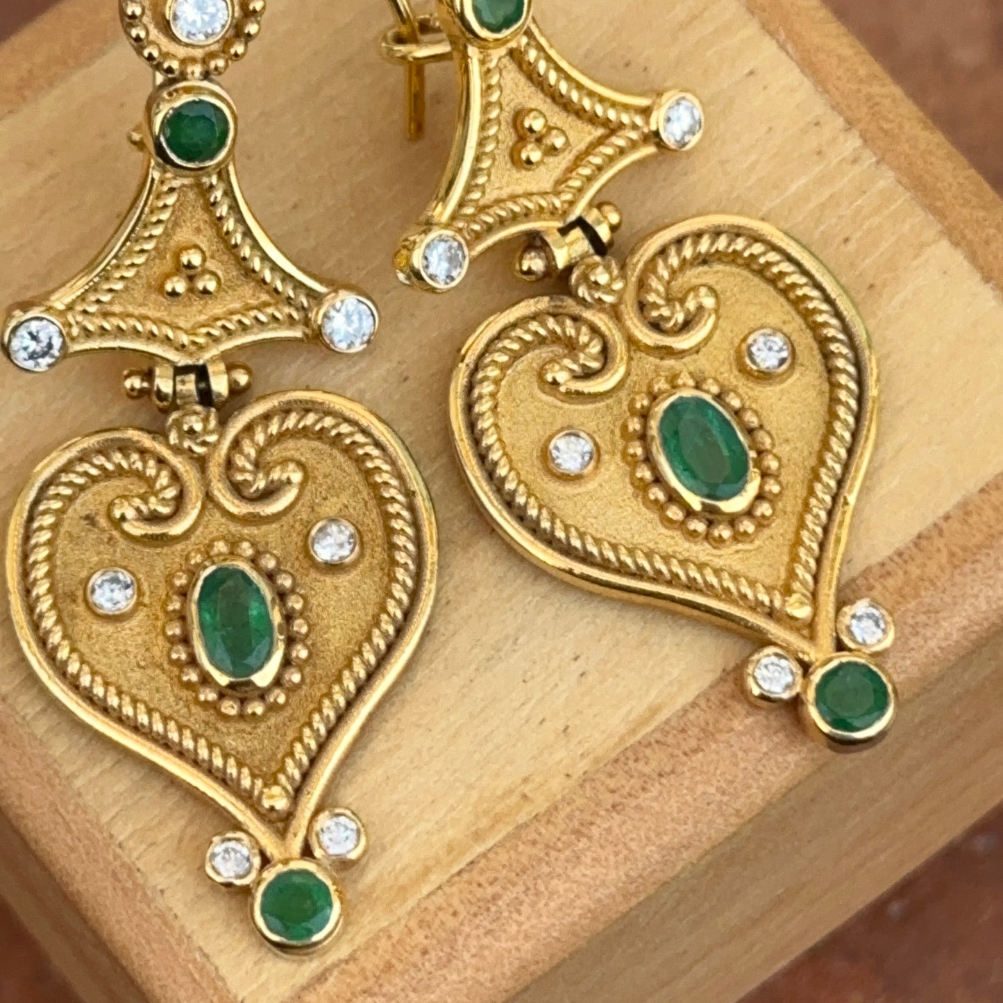 Estate 18KT Yellow Gold Byzantine Emerald + Diamond Dangle Earrings